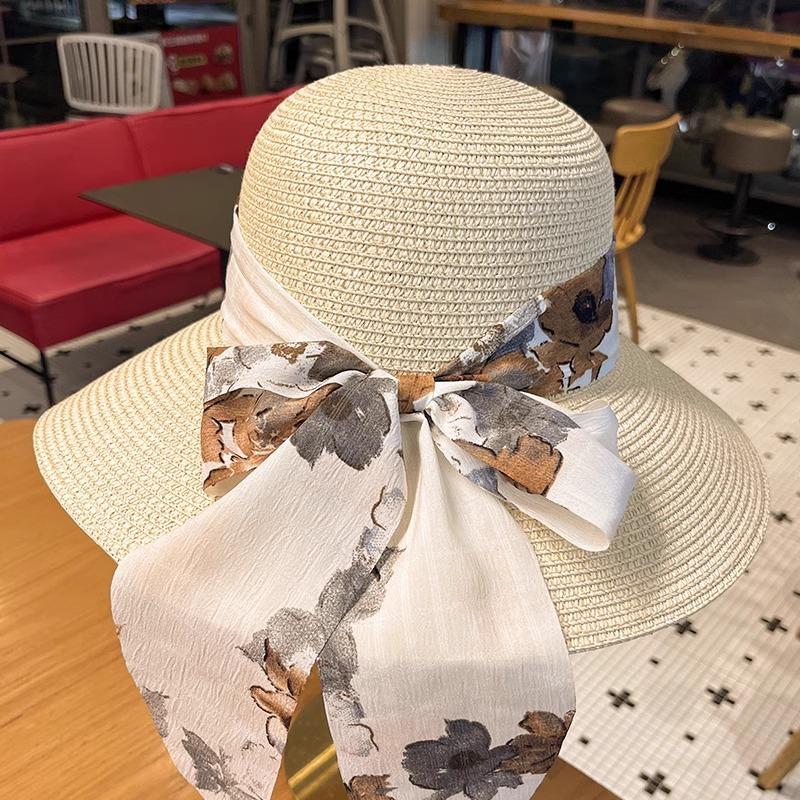 Straw Hat Lady Summer New Bow Streamer Fisherman Hat Fashion Versatile Wide Brim Sun Hat