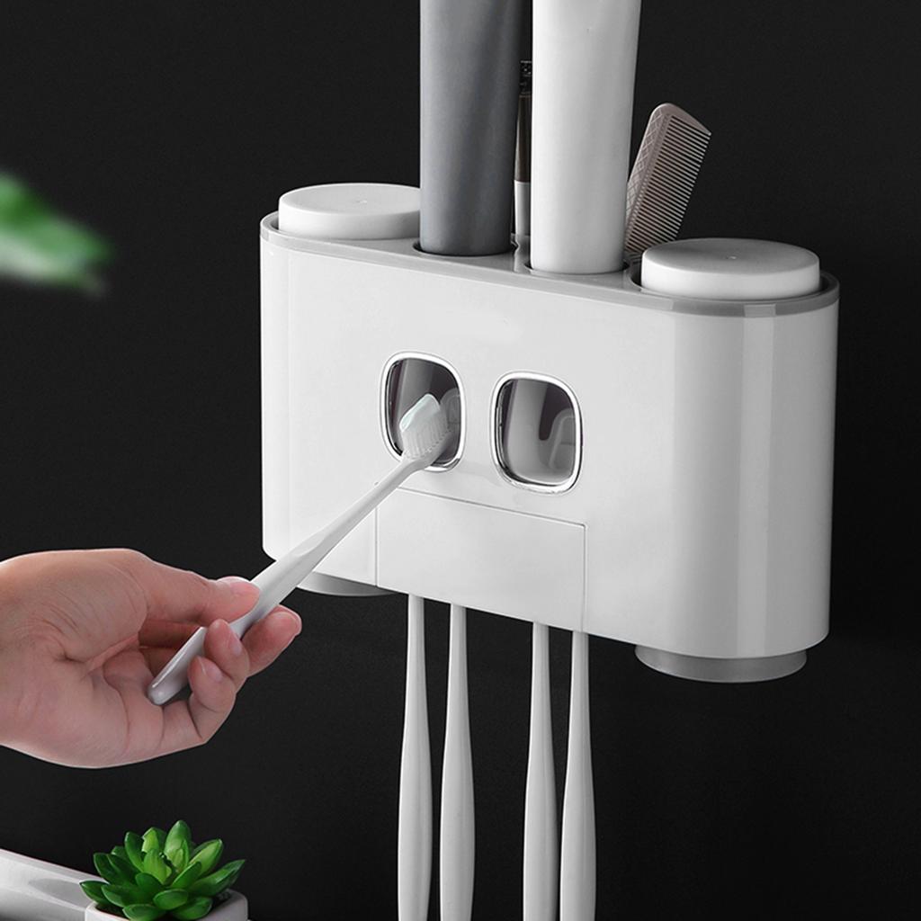 Wall-Mounted Toothbrush Holder with 2 Tootaste Dispensers 4 Cups and 5 Toothbrush Slots Toiletries Storage Rack