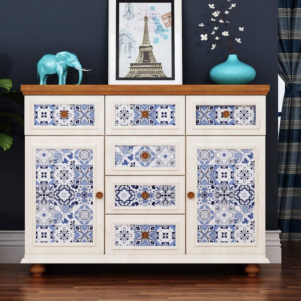 HaoHome Self Adhesive Contact Paper Backsplash Peel and Stick Wallpaper Moroccan Tile Waterproof Removable Blue Tile Wallpaper