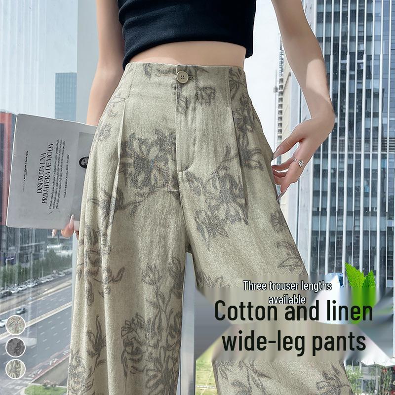 Women's High-Waist Retro Print Wide-Leg Linen Pants - Spring 2026 Collection