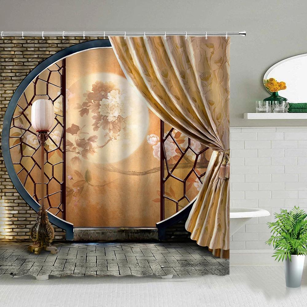 Window Outside Forest Bridge Spring Landscape Creativity Shower Curtain Zen Stone Tree Building Scenery Cloth Curtains With Ho