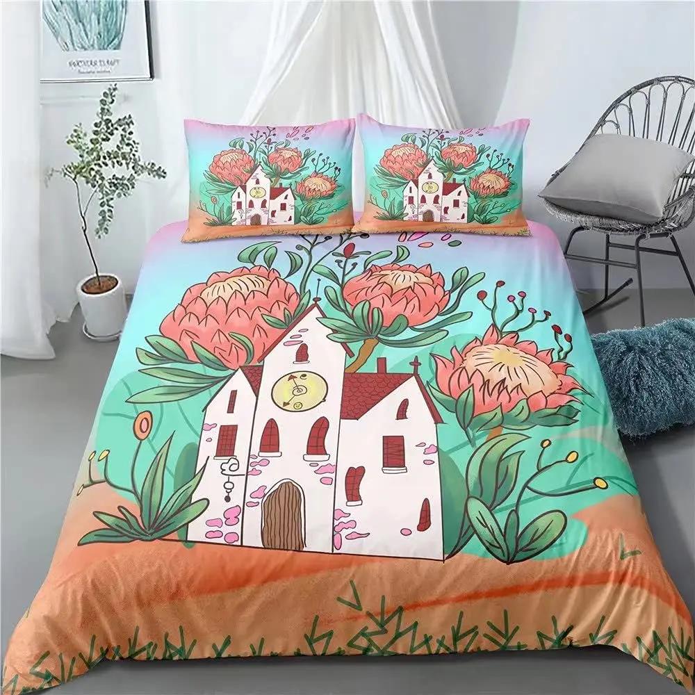 3 Pcs Soft Luxury Youth 100% Polyester Shell ,3-Piece Modern Flower Skull Duvet Cover Set Queen Size Red No Comforter