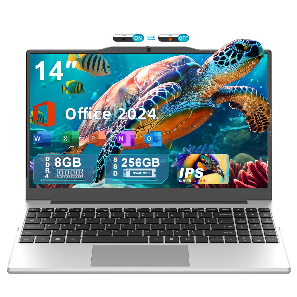 Fsjun Office 2024 Windows 11 IPS Slim with Numeric Intel Celeron N5095 8GB 256GB PCIe 5G Mini HD USB Ideal for Online and Video Silver & Laptop,
