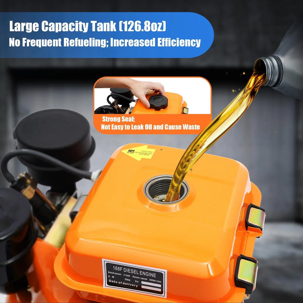 3HP 196CC Oblique Horizontal Diesel Engine, 4-Stroke Hand Start Single Cylinder Engine, 3000RPM Air Cooling Power Tool Accessory