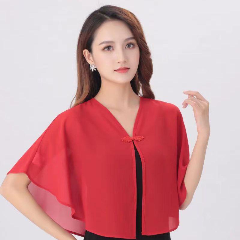 Dámská šifonová bunda na ochranu před sluncem s šálem a sukní ve stylu čínského oděvu čcheongsam - Lehký letní kardigan