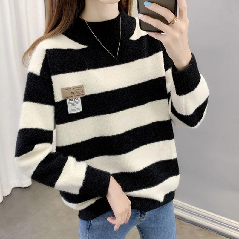 Striped Colour Blocking Chenille Sweaters Women's Autumn Winter Korean Style Loose Thickened Knitted Pullovers Large Size Casual Jumpers