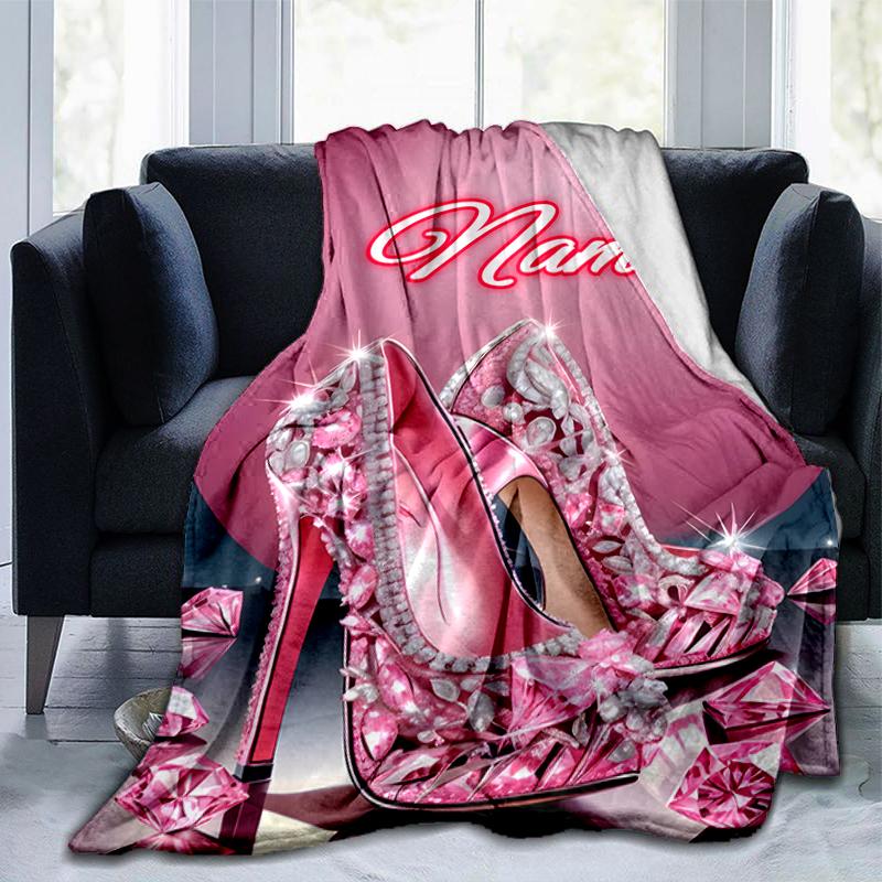 1PC Custom Name Pink Sparkle Heels outdooor Flannel blankets Throw Blanket All-Season Throw Gift Bedspread for Couch, Bed, Camping Holiday Birthday gi
