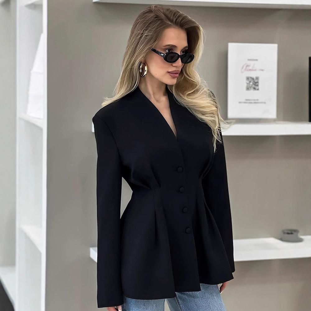 Damen Schwarzer Plissierter V-Ausschnitt Figurbetonter Blazer