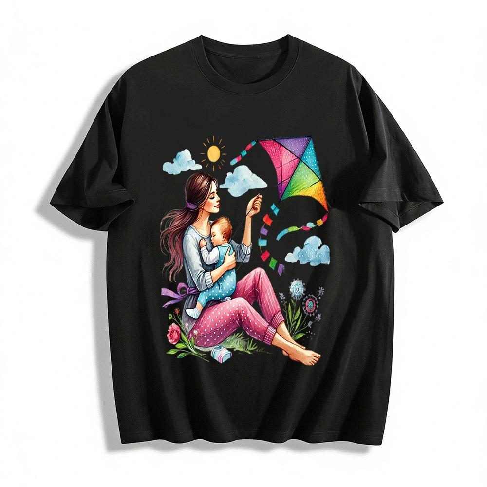 Mother And Baby Flying Kite Print Casual Top Pure cotton T-shirt XXS