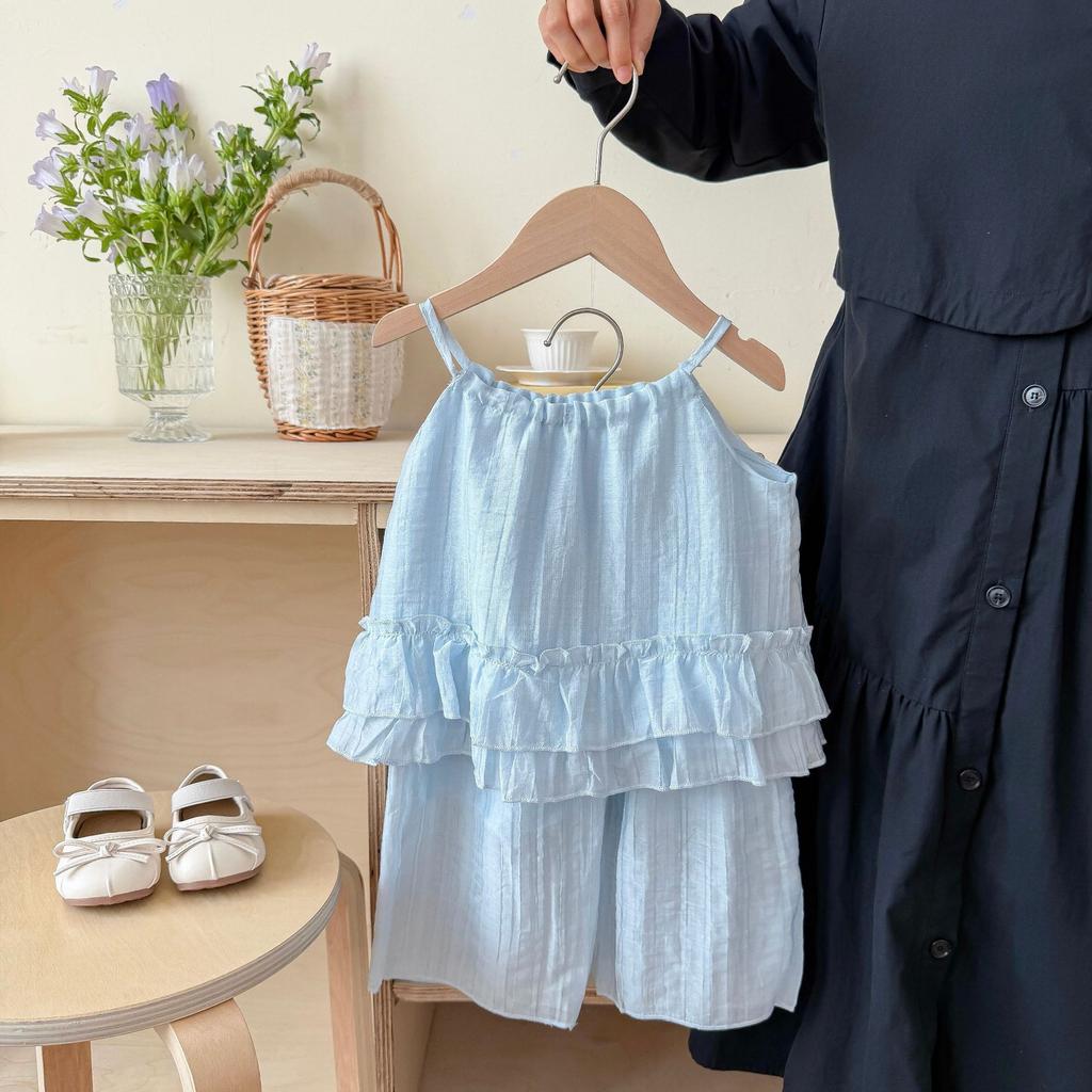 Summer Baby Girl Ruffle Camisole And Wide Leg Pants Set Simple Fashionable Two Piece Outfit For Toddler