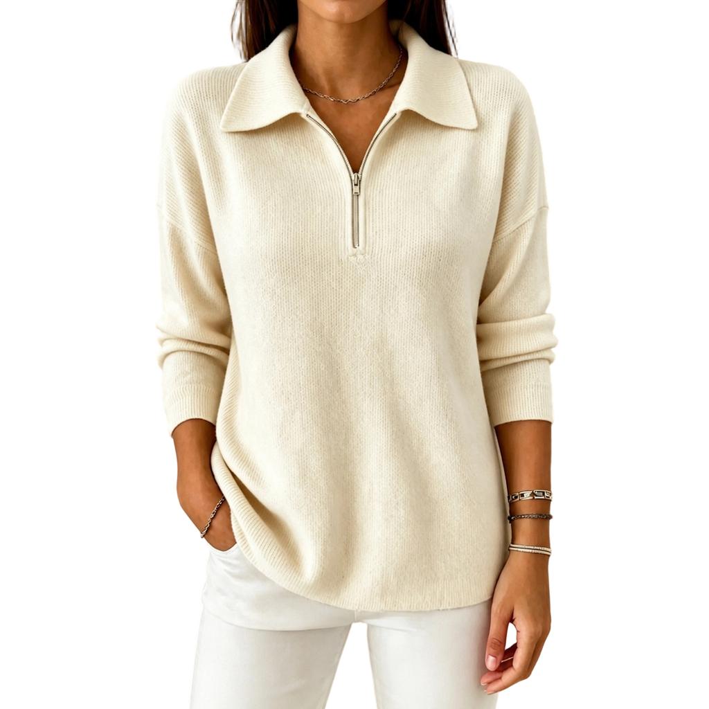 Women's Half-Zip Sweater with Turn-Down Collar Loose Fit for Fall Winter Casual Wear
