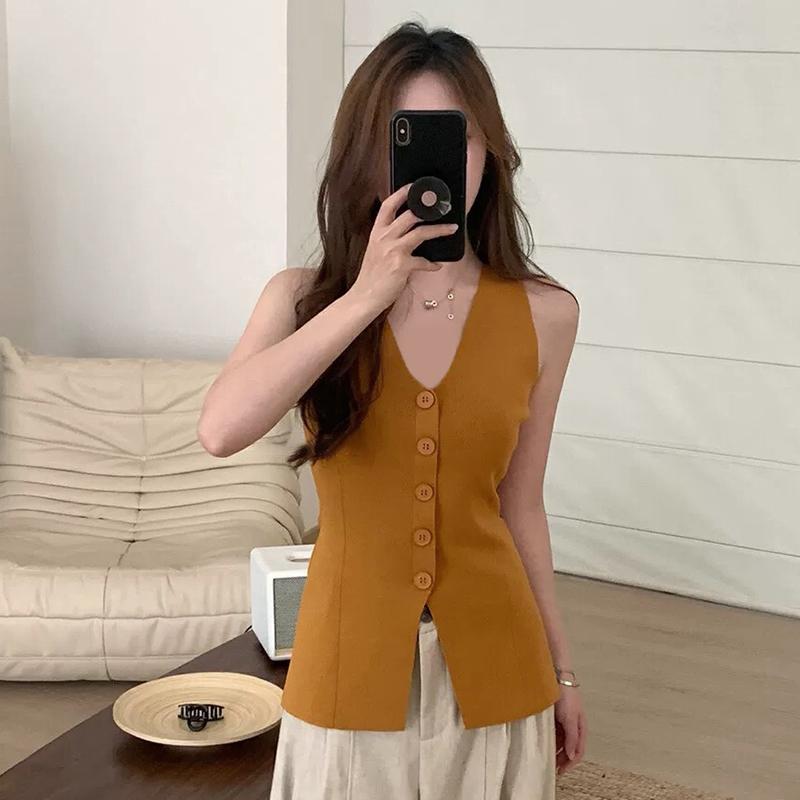 Summer Women'S Sexy Solid Color V-Neck Single-Breasted Sleeveless Slim Knitted Vest