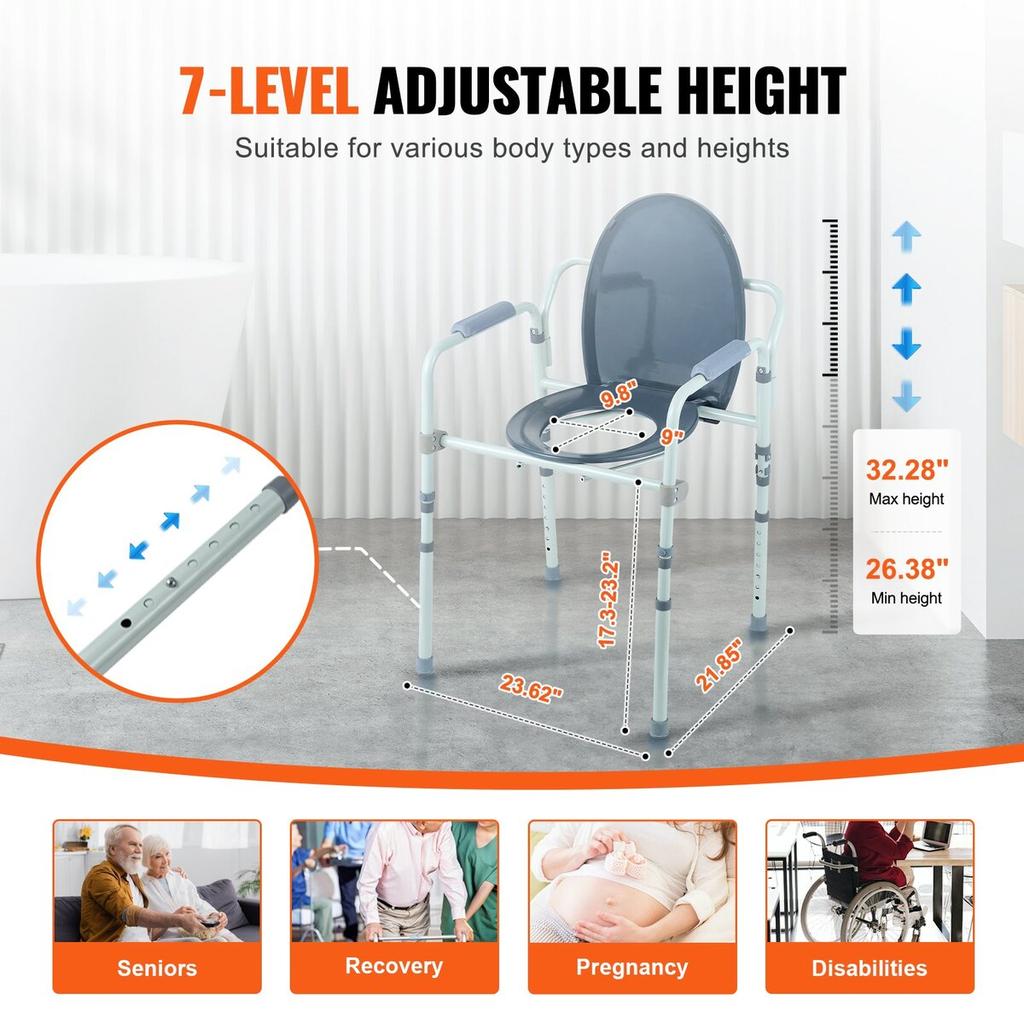 Commode Chair, Bedside Commode with Wider Toilet Seat, 7-Level Adjustable Height, 5.8L Removable Bucket, Easy To Assemble, 350 LBS Capacity, Raised