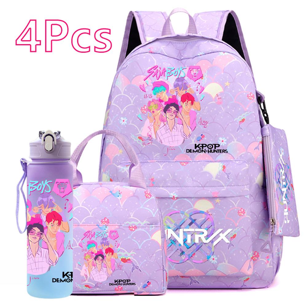 4Pcs/set Anime Cute K-POP Printed Backpack Large Capacity Bookbag HandBag Case Bag with 750ml Water Bottler Boy Girl SchoolBag Waterproof Mochila