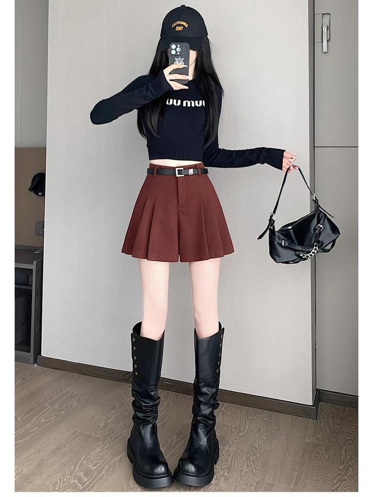 2024 A/W High Waist Woolen Pleated Wide-Leg Shorts - Casual, Versatile, Simple A-Line Design
