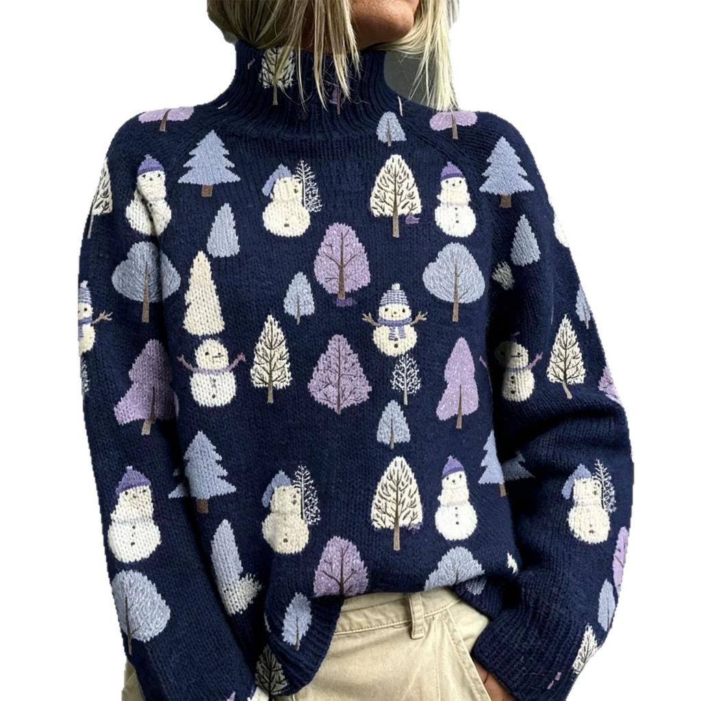 Winter women's new snowman tree print turtleneck casual imitation sweater Christmas sweater