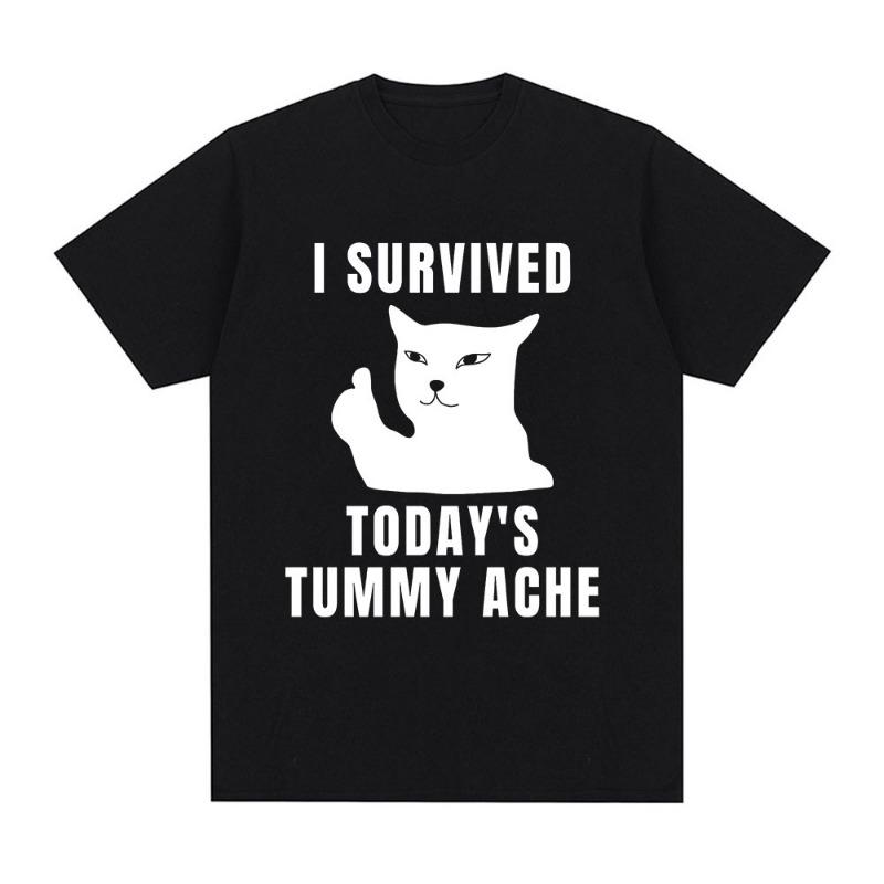 Jag Överlevde Dagens Magont T-shirt Rolig Katt Kreativt Tryckt Kortärmad T-shirt Dam Casual Streetwear Sommar Mjuka Kläder
