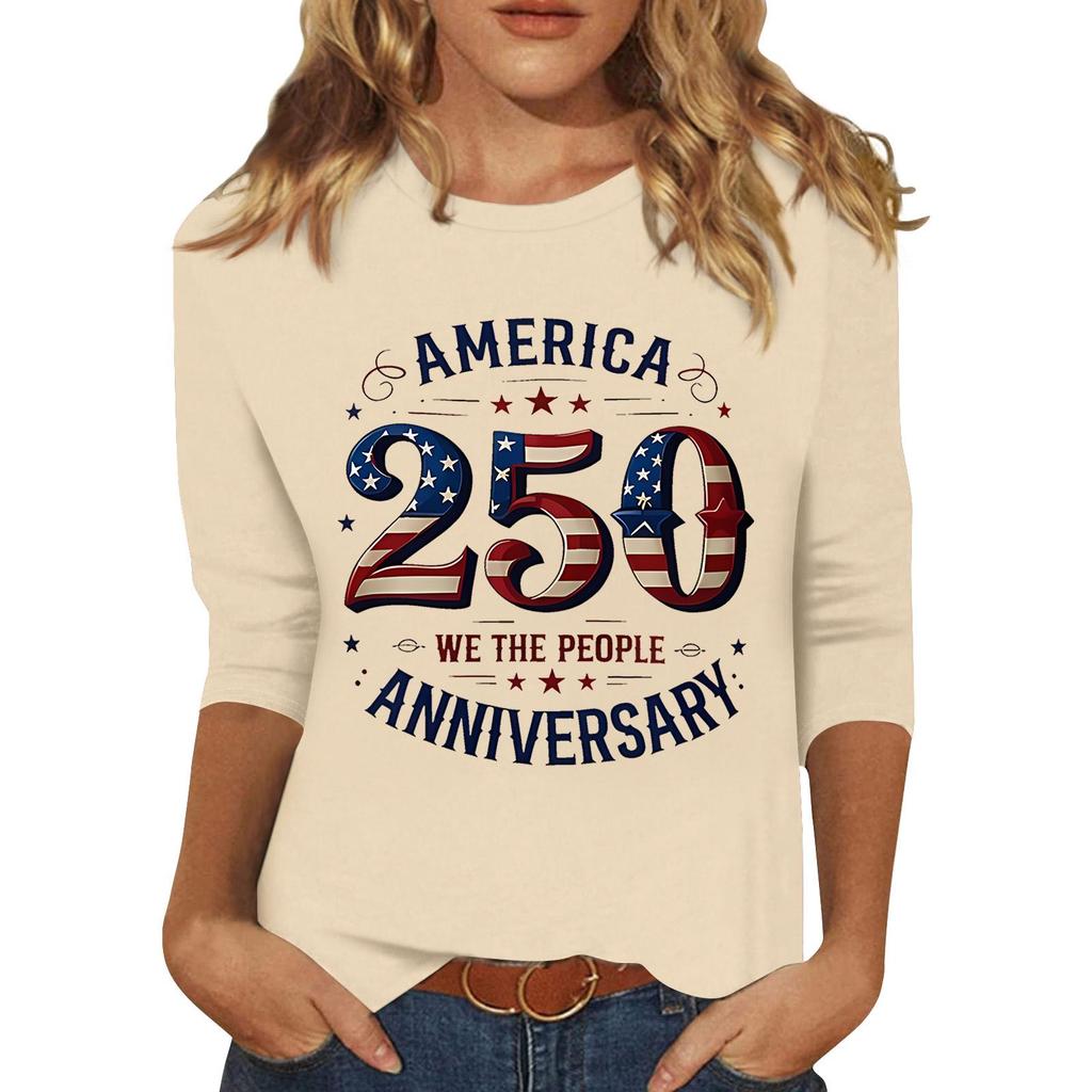 Women's Fashionable Casual Three-Quarter Sleeve 250th Anniversary Independence Day Print Neck Sweater