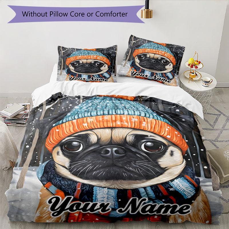 3PC Custom Name Winter Pug Portrait Bedding Set Duvet Cover Closure Includes 1 Duvet Cover & 2 Pillowcases for Bedroom