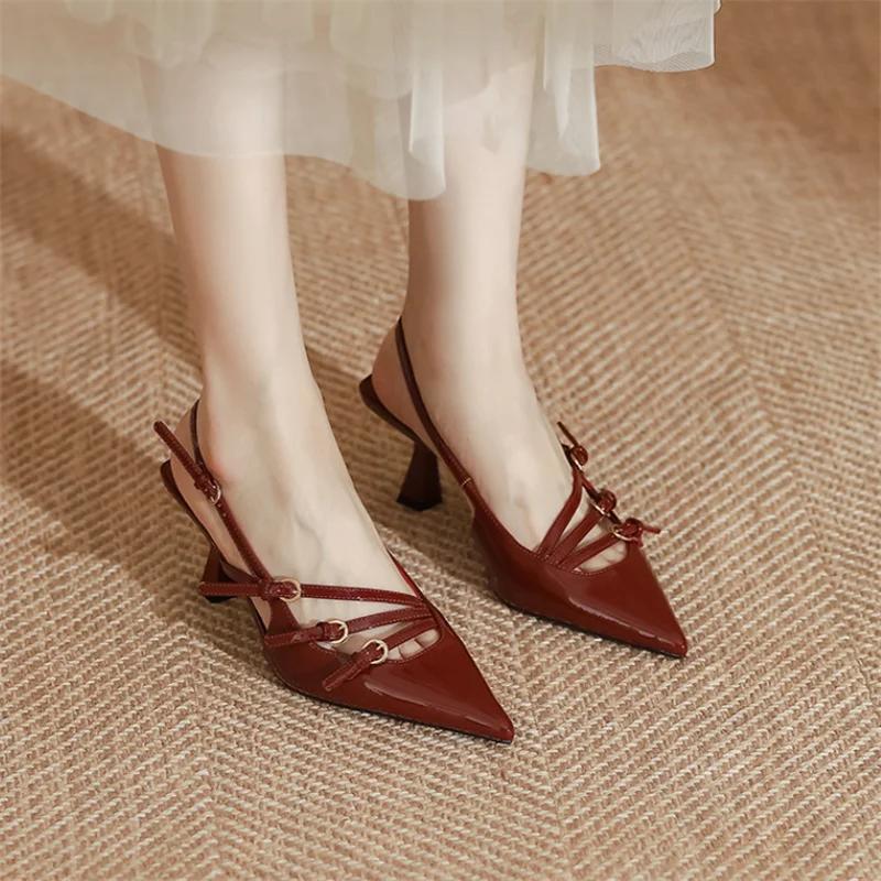 Patent Leather Women Sandals Sexy Pointed Toe Back Strap Buckle Summer Slingback Footwear Ladies High Heel Wedding Party Shoes