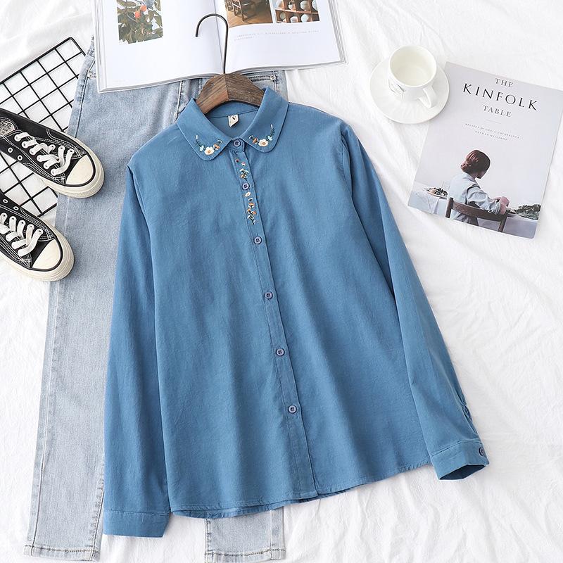 

Рубашка из хлопкового вельвета женская с длинными рукавами в ретро-стиле, сочетается с блузками и рубашками весна-осень, базовый верх L синий