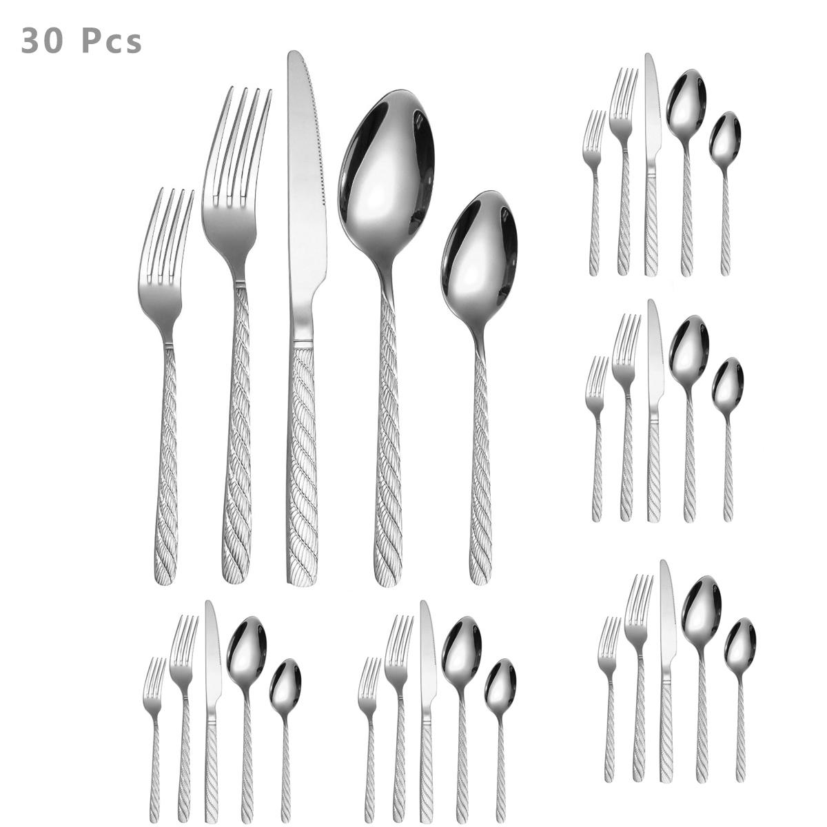 

30 шт. роскошный набор столовых приборов столовая посуда нержавеющая сталь столовые приборы ножи вилки ложки ручка из пеньковой веревки столовые приборы можно мыть в посудомоечной машине подарок серебряный