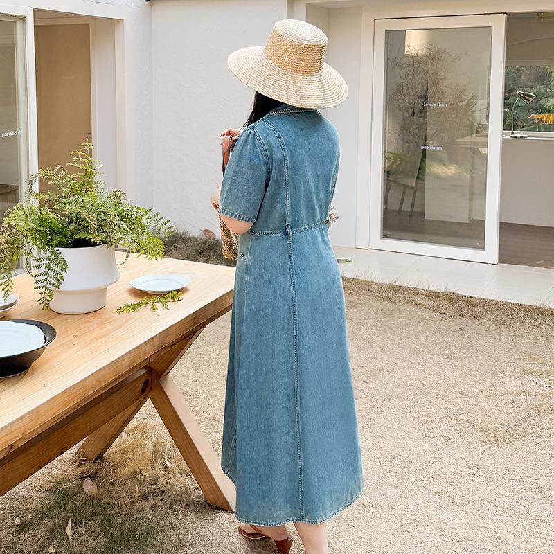 Large size fat MM fashion Hong Kong style waist denim skirt summer new suit collar temperament medium and long skirt 212087