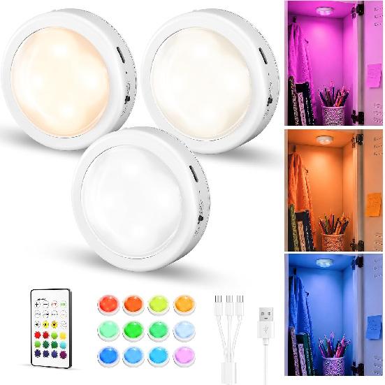 EZVALO 6-Pack RGB Rechargeable Puck Lights with Remote, Mini Under Cabinet Lighting, 2.95'' Tap Lights, 16 RGB Colors & 3 White Color Temps, Dimmable
