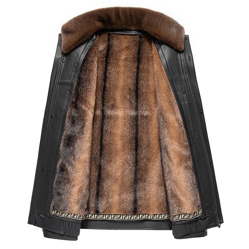 Winter men's leather jacket business casual detachable fur collar removable mink hair plus sleeve liner wear two leather jackets