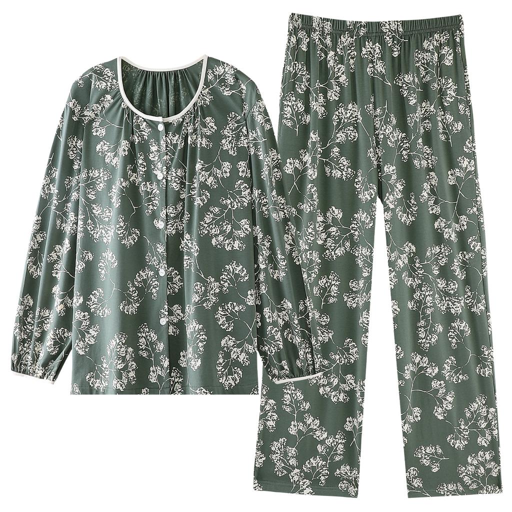 Pajamas women's spring and autumn pure cotton long-sleeved chest pad middle-aged mother autumn 1011 new anti-bumping loungewear