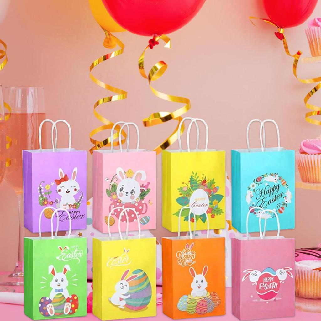 8pcs Easters Paper Gift Bags with Handle Multifunctional Snacks Cookie Bags for Spring Celebration Party Supplies
