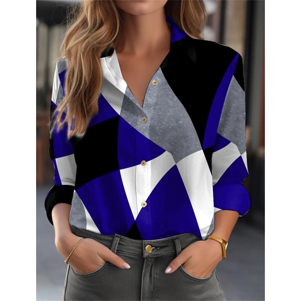 Women's Fashion Geometric Buttons Blouse Lapel Neck Blouse Top Womens Long Sleeve Shirts 2025 New Spring Autumn Female Clothing