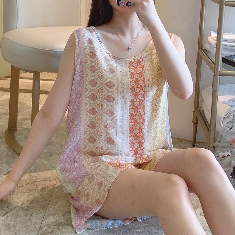 

Хлопковый шелковый комплект с шортами для майки, домашняя одежда, корейский стиль, женская тонкая пижама