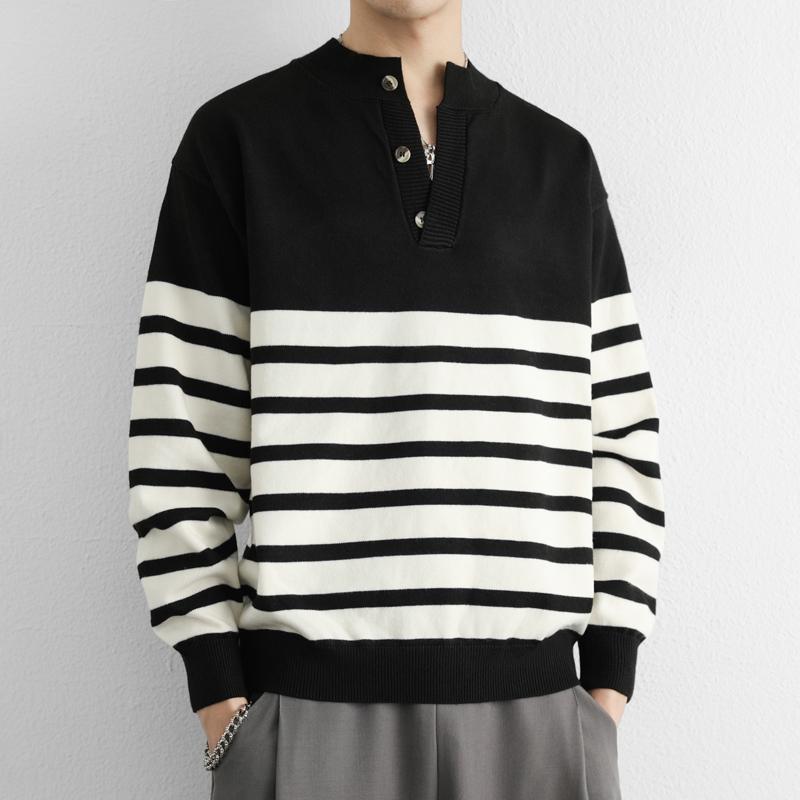 Pullover Button Contrast Striped Versatile Sweater for Men's Casual Fashion Knit Top