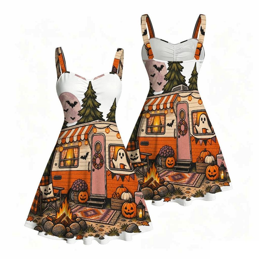 Women Plus Size Off Shoulder Strappy Sleeveless Fitted Waist Ghost Pumpkin Print Flared Dress
