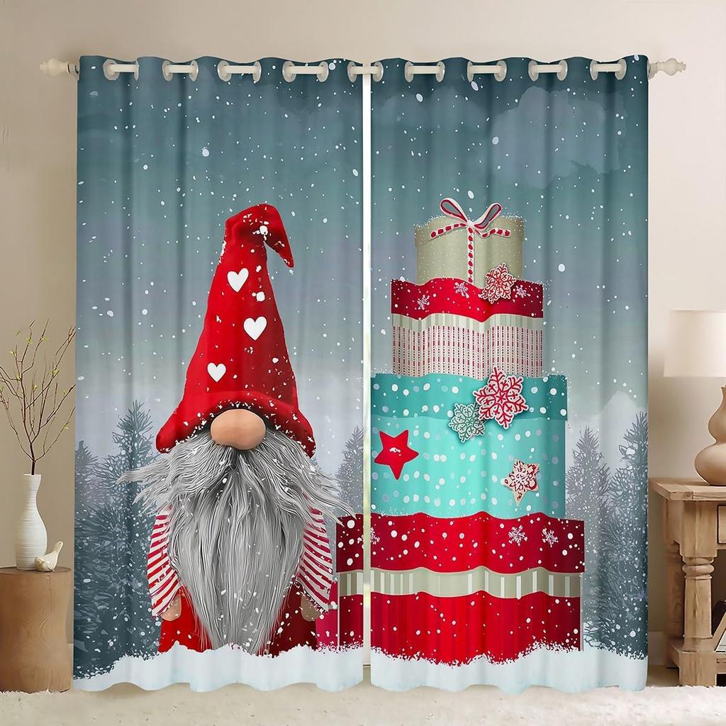 Christmas Gnome Curtain Winter Xmas Theme Window Curtains Snowflake Happy New Year Holiday Room Decor Panels Light Blocking Made Of Polyester