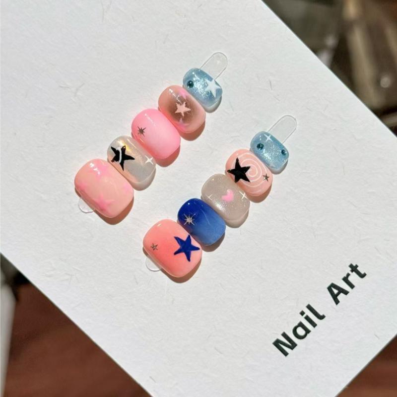 10Pcs Star Print Press On Nails - Pink & Blue Gradient Fake Nails for Daily Wear XS