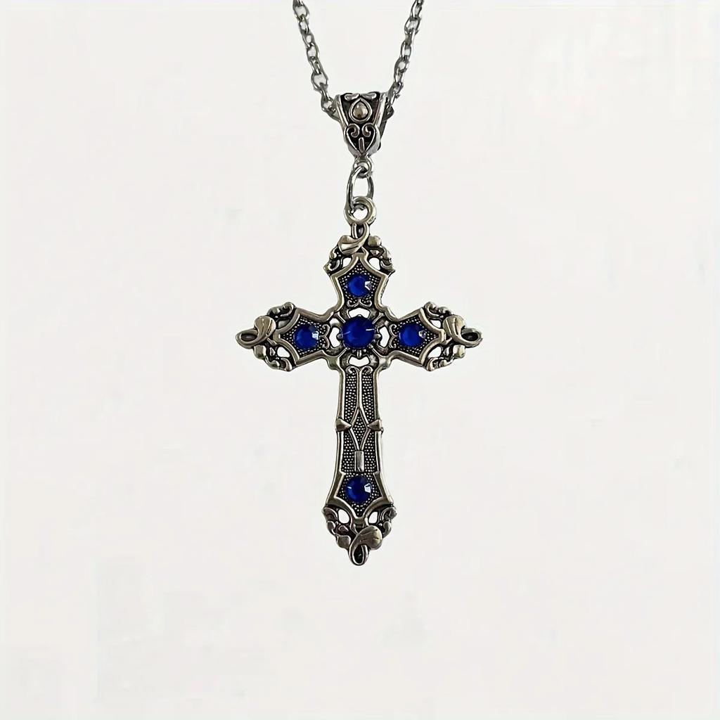 Gothic black ruby cross pendant men's women's necklace European and American retro simple fashion jewelry gifts