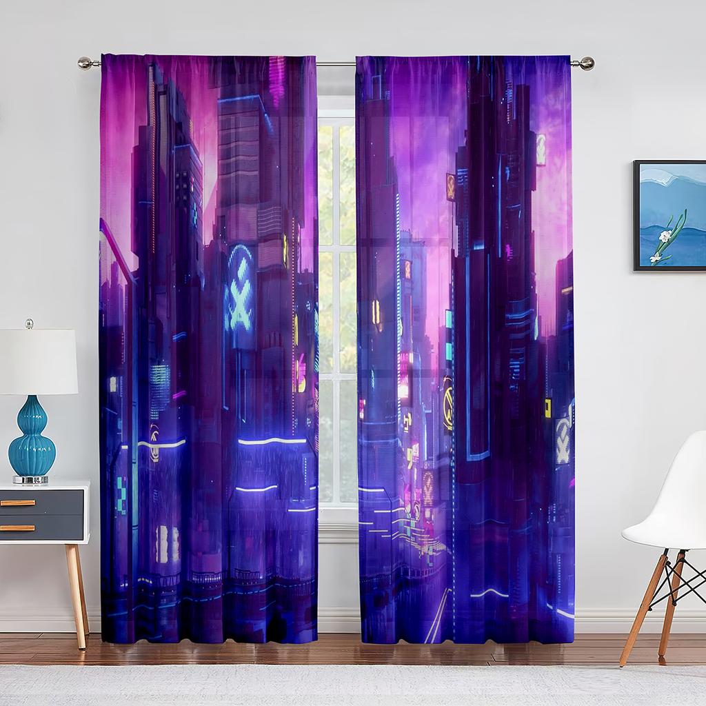 Punk Night City Landscape Purple Neon 2panels Curtain for Living Room Bedroom Drape Kitchen Window Curtains Home Essentials