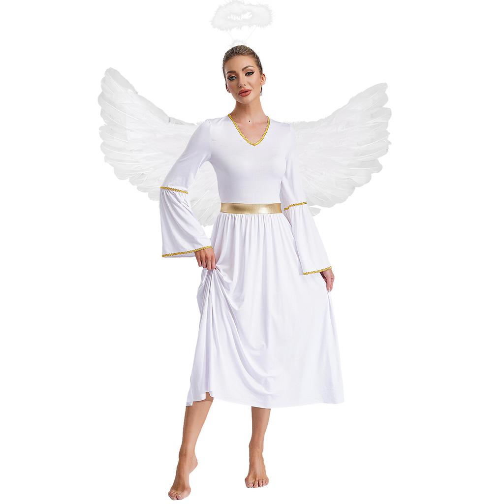 Womens Angel Cosplay Costume Long Sleeve Gold Trim Angel Dress Gown Feather Wings Headwear Set