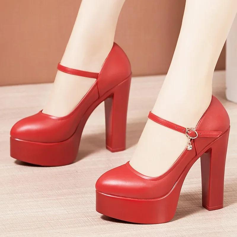 

13cm Small Size 32-43 Shallow Soft Leather Platform Pumps 2025 Spring Women s Block High Heels Shoes Dress Model Wedding Party 32 червоний