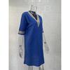 Spring and Summer Solid Color V-neck Cotton and Linen Dress