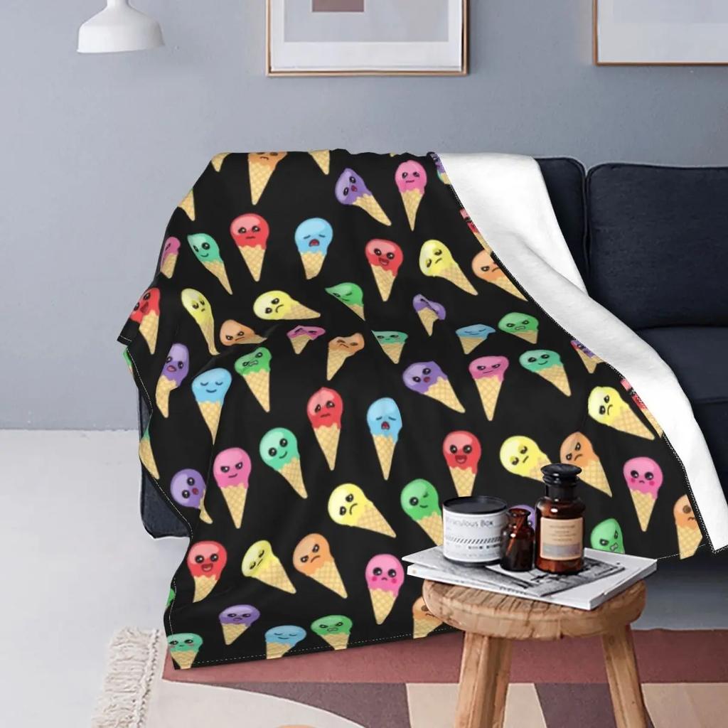 Ice Cream Cartoon Pattern Fleece Flannel Blanket for Bed Couch Blanket Super Soft Lightweight All Season Warm Teenage Girls Gift