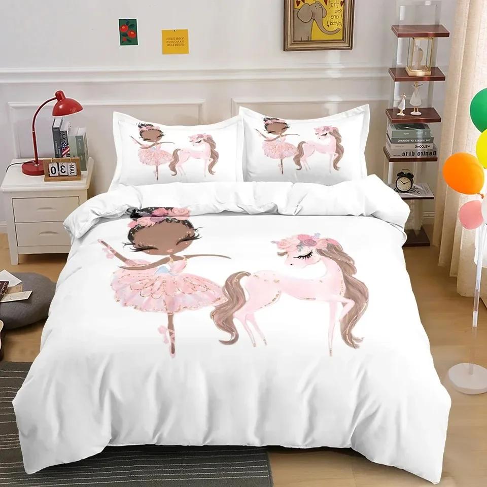 Ballet Dancer Girl Cartoon Dancing Comfortable Duvet Quilt Cover Pillowcase Bedding Set Children Bedroom Decoration Home Textile