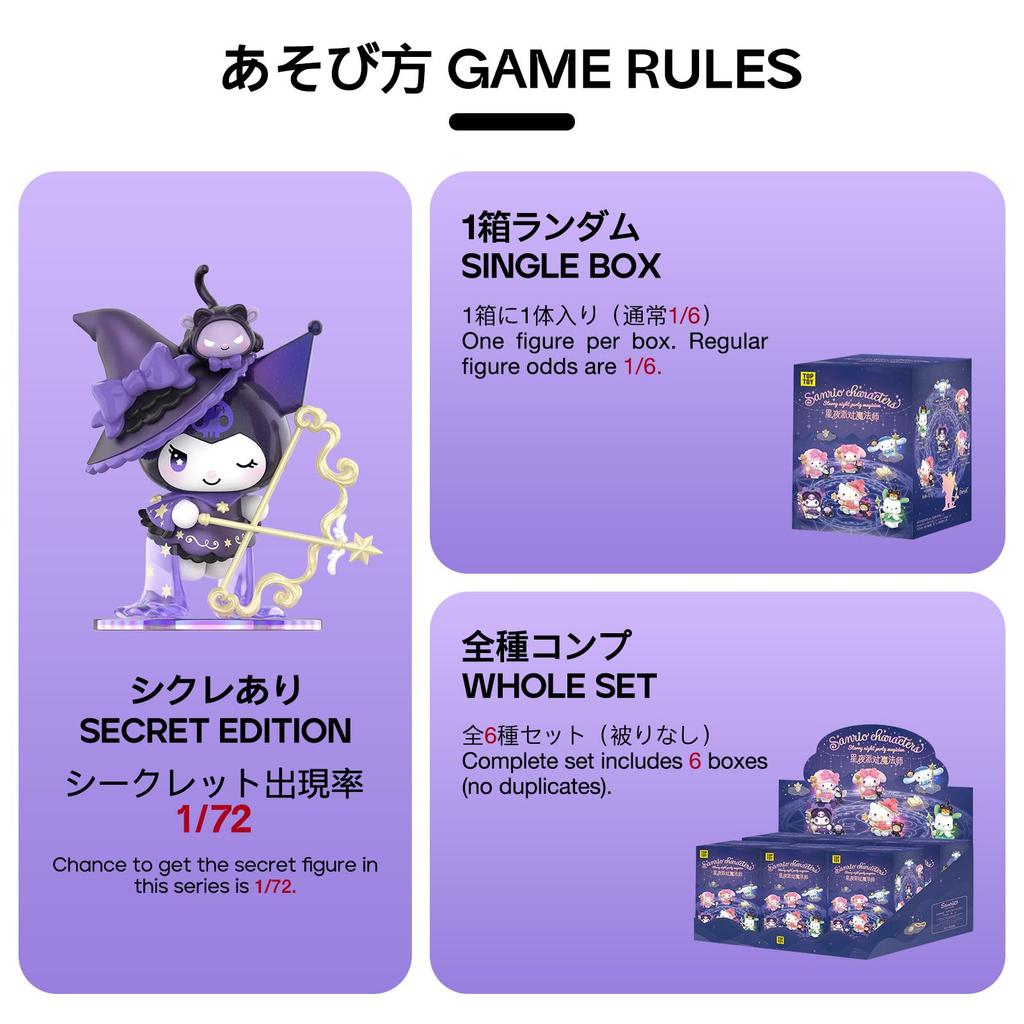 TOP TOY Sanrio Characters Starry Night Partyma Series Gachapon Blind Box Figure Soft Vinyl PVC Premium Toy Birthday Gift for Kuromi Character