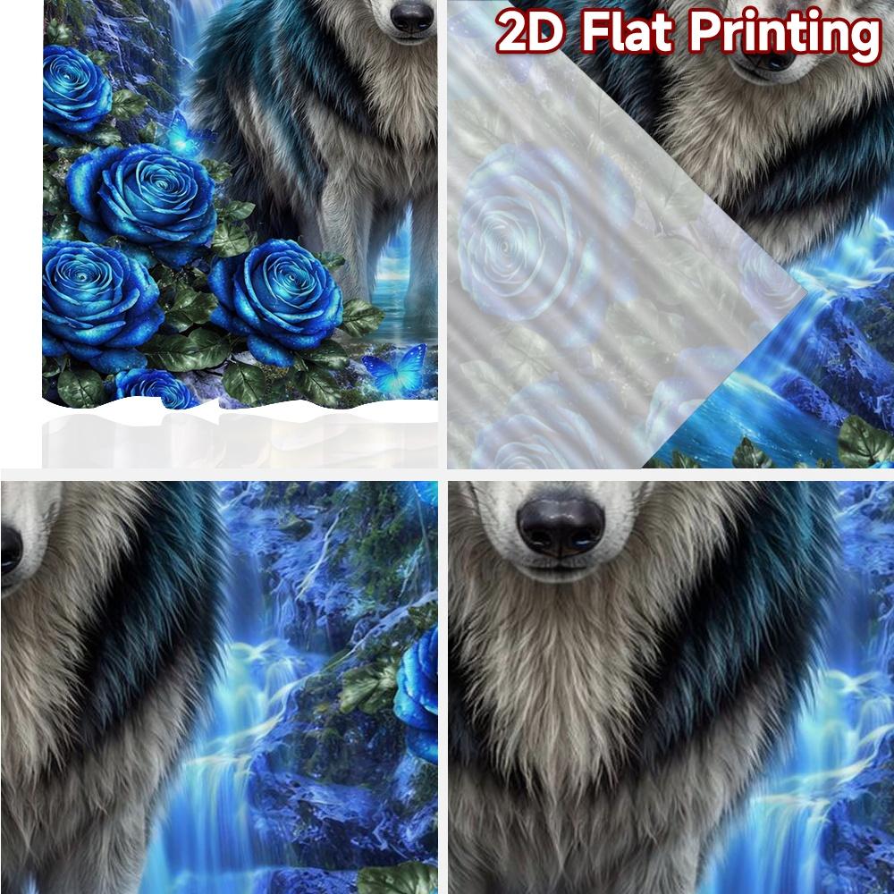 2D FLAT PRINTING 2pcs Curtains (Without Rod) Mystical Wolf and Blue Roses Modern Contemporary Curtains Prints Light Filtering