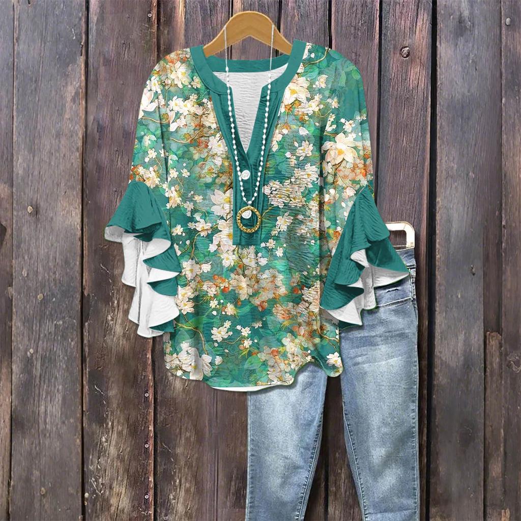 Women's Fashion Casual Button V-Neck Seven Sleeve Vintage Printed Shirt Top