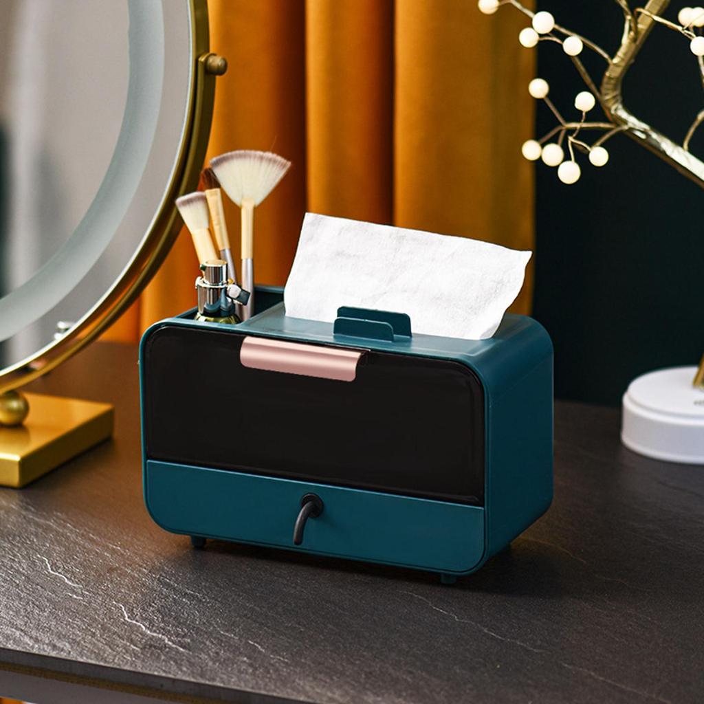 Tissue Box Cover Storage Organizer with Drawer Divider, Pen Glasses Makeup Organizer, Phone Stand