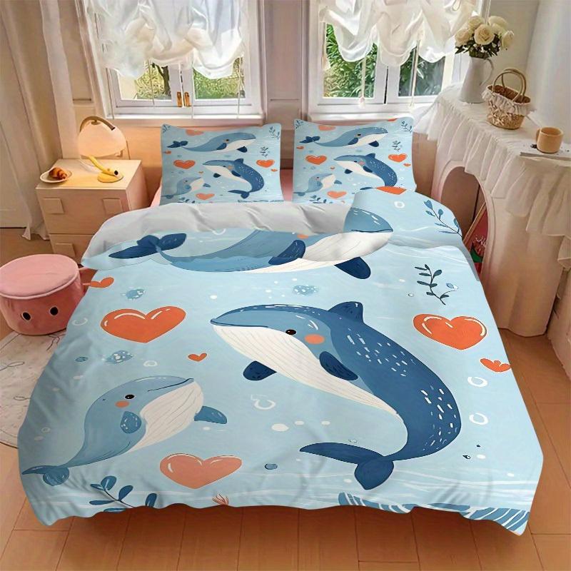 3pcs Whale Heart Print Bedding Set, Suitable for Bedroom Decoration, (Includes 1 Duvet Cover And 2 Pillowcases, Quilt Not Included) Yy250822176