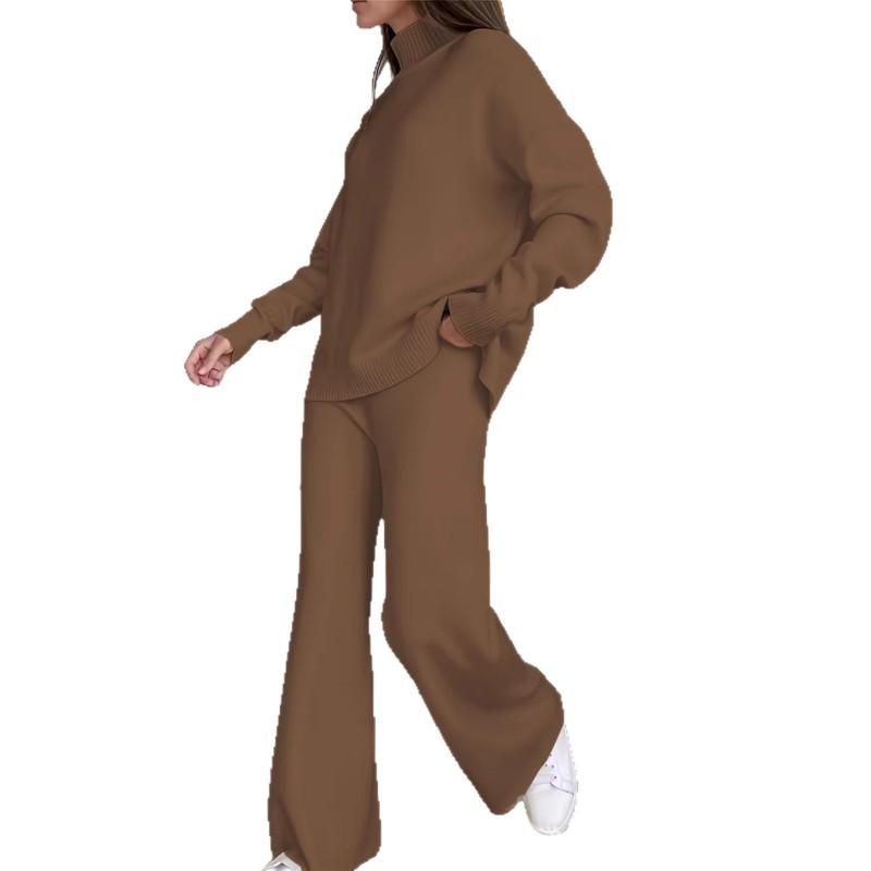 Womens Solid Color High Neck Knit Set Casual Loose Fit Wide Leg Pants Two Piece Outfit Winter